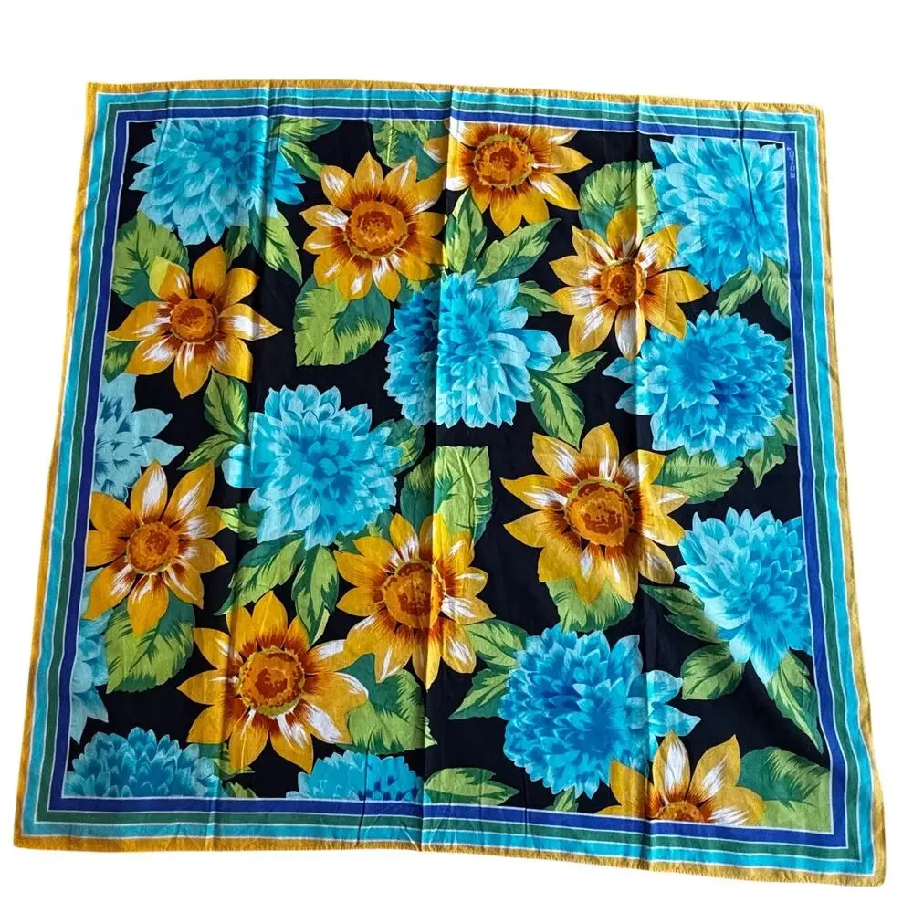 Vintage ECHO silk & cotton blend scarf colorful bold floral blue & yellow square